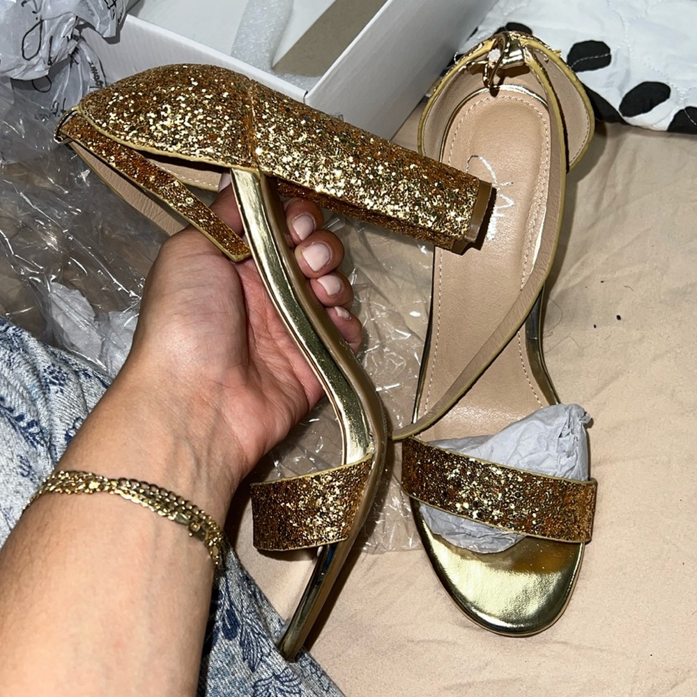 Gold ankle strap high heel sandals